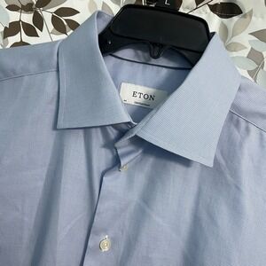 Eton Contemporary Mens 44 17.5 Blue Plaid Gingham Dress Shirt Long Sleeve